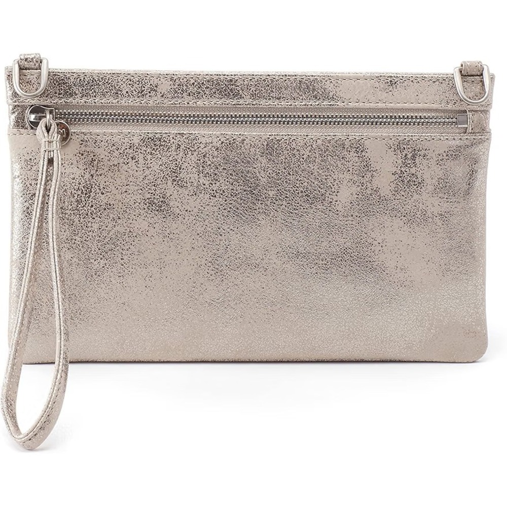 HOBO Day Distressed Platinum Leather Wristlet Clutch Pouch, NEW